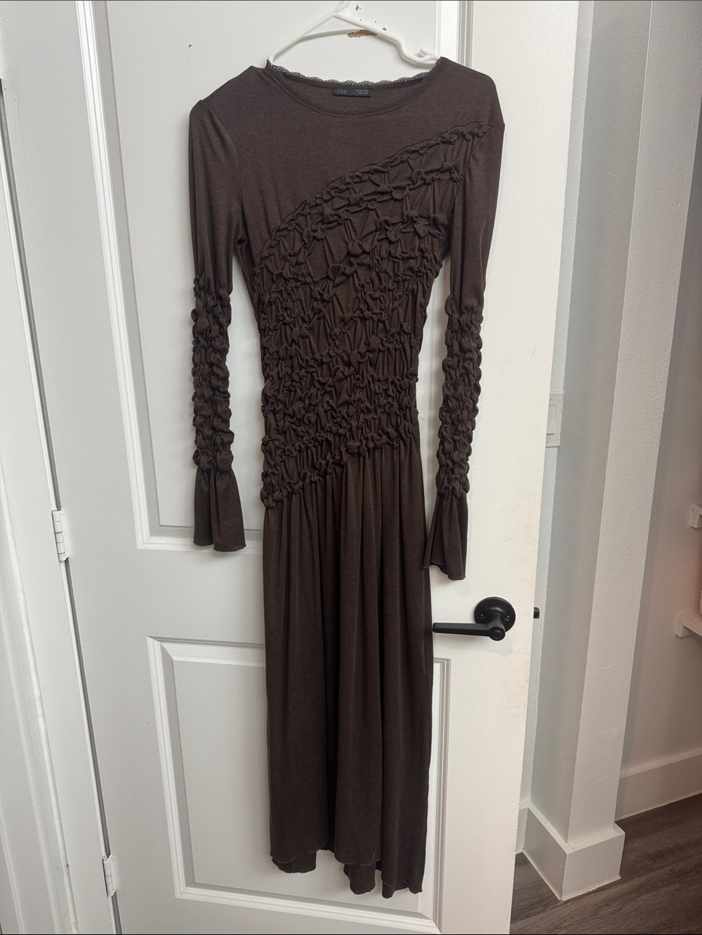 Zara Brown Long Sleeve Ruched Maxi Dress